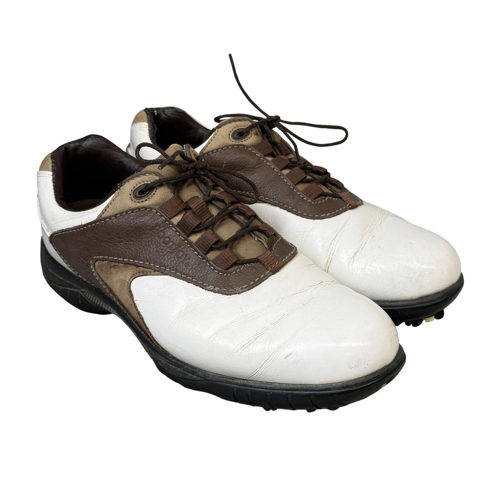 FootJoy Contour Golf‎ Shoes Mens Size 9W White Brown Leather Spiked Cleats 54239